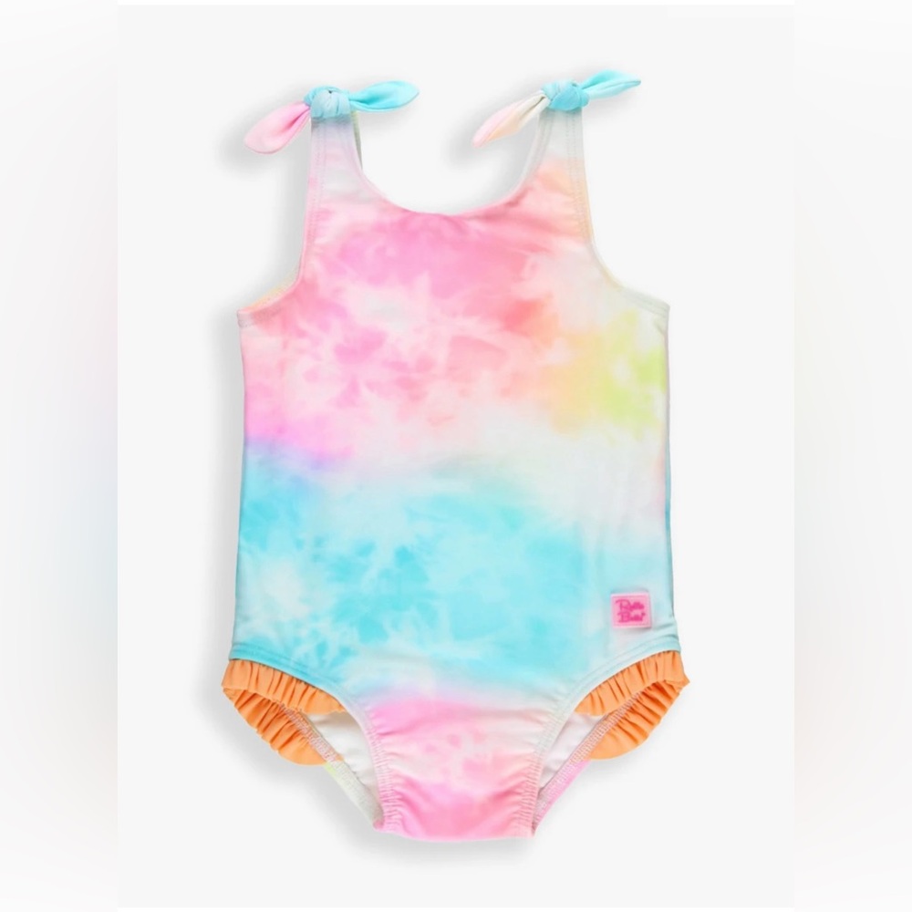 RuffleButts Girls Rainbow Water Color Tie Shoulder -One Piece Swimsuit